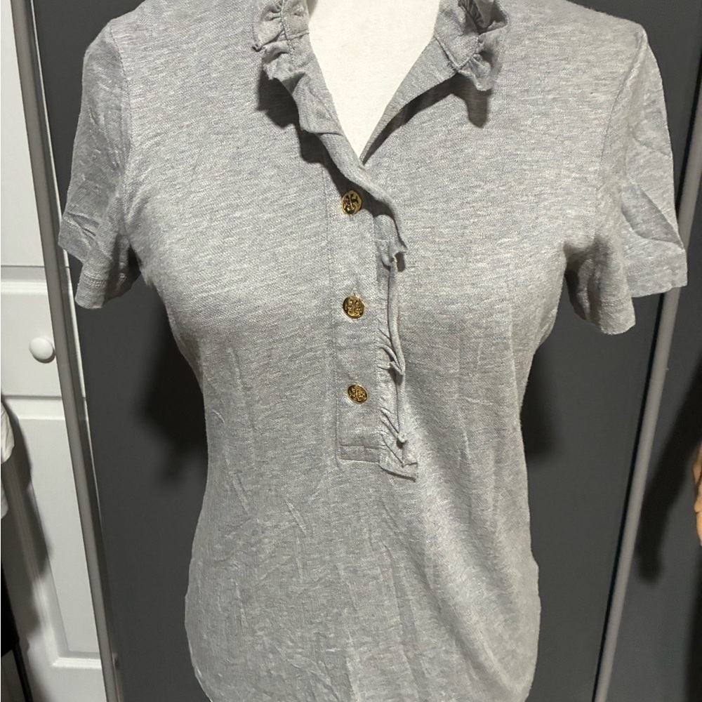 Tory Burch Gray Ruffled Button-Up Top - Picture 2 of 7